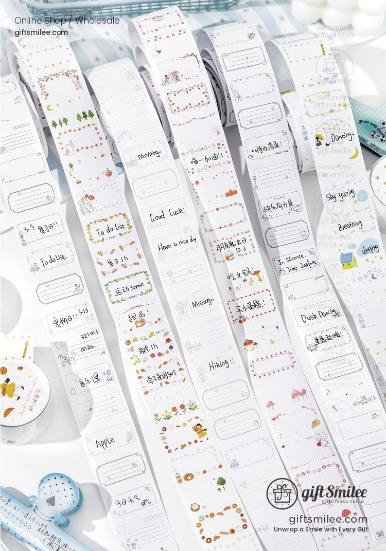 Decorative white washi tape rolls with colorful illustrations cute patterns and handwrittenstyle label designs