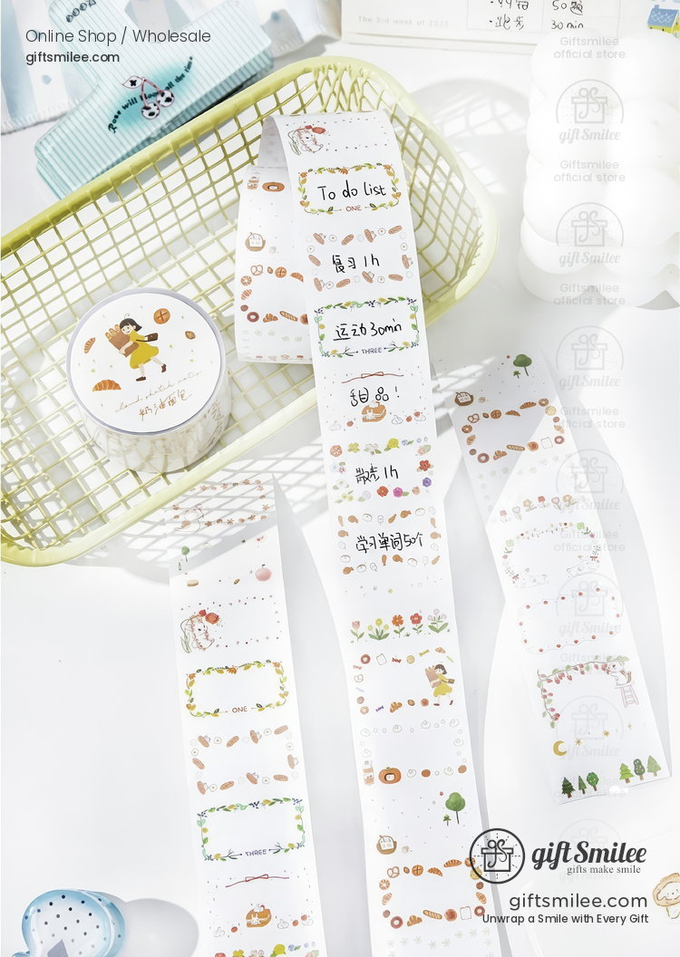 Pastelthemed washi tape rolls with whimsical todo list designs colorful borders and playful illustrations in a yellow basket