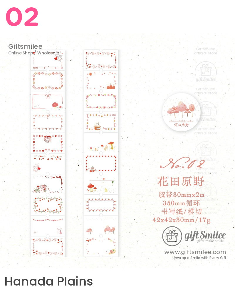 White decorative washi tape with whimsical red and pink designs floral patterns mushrooms and playful frames