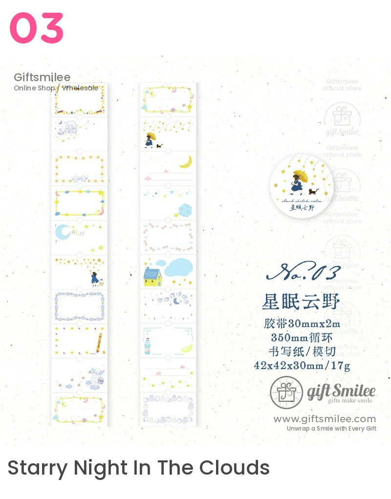 Decorative pastel washi tape with starry night moon and character illustrations featuring labels and celestial themes