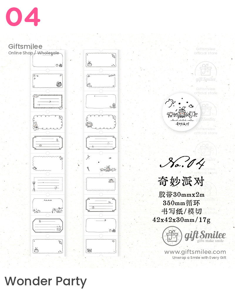 White decorative label stickers with black doodle designs scalloped edges and writing spaces 30mm x 2m roll