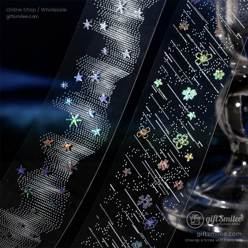 Transparent holographic tape with iridescent star and flower patterns dotted designs and a glossy finish