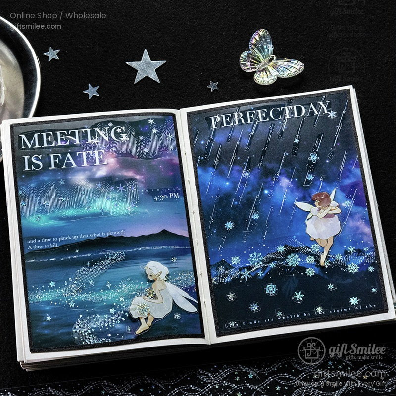 Open journal with celestialthemed pages starry night illustrations holographic accents and fairy designs