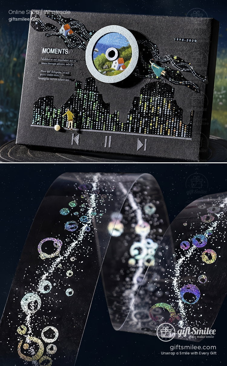 Black musicthemed card with cityscape design circular photo frame glitter embellishments and holographic decorative tape