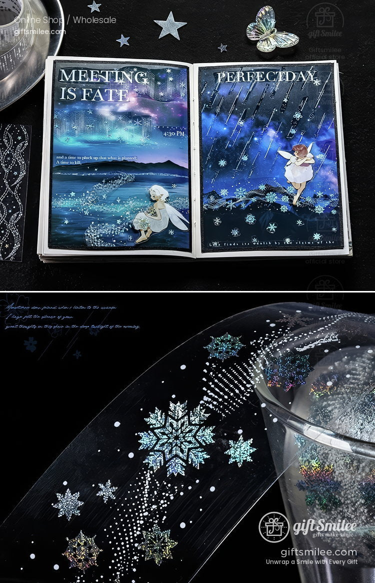 Galaxythemed journal with holographic snowflake designs metallic accents and whimsical fairy illustrations