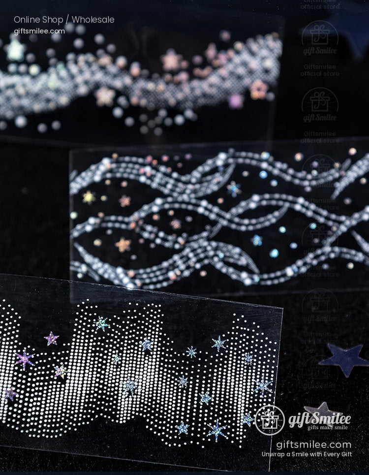 Transparent holographic sticker sheets with intricate starry patterns and iridescent dotted designs on a black surface