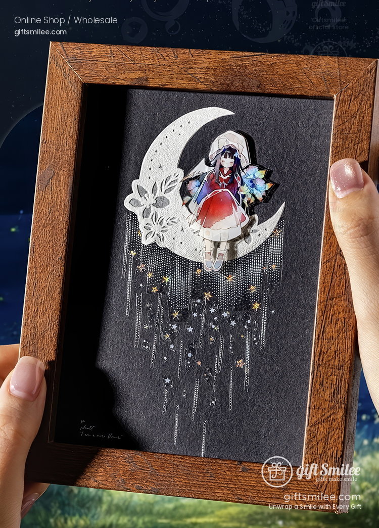 Elegant woodenframed artwork with a crescent moon design featuring a vibrant character and cascading starry details