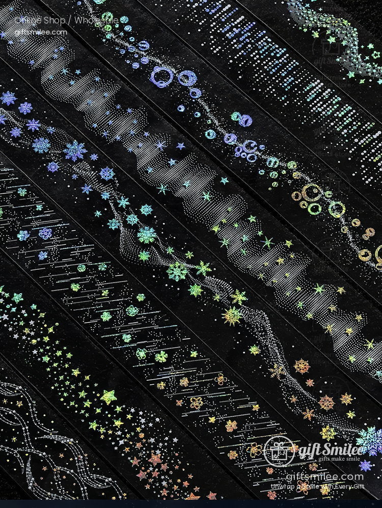 Black decorative ribbons with holographic star bubble and geometric patterns in vibrant iridescent colors