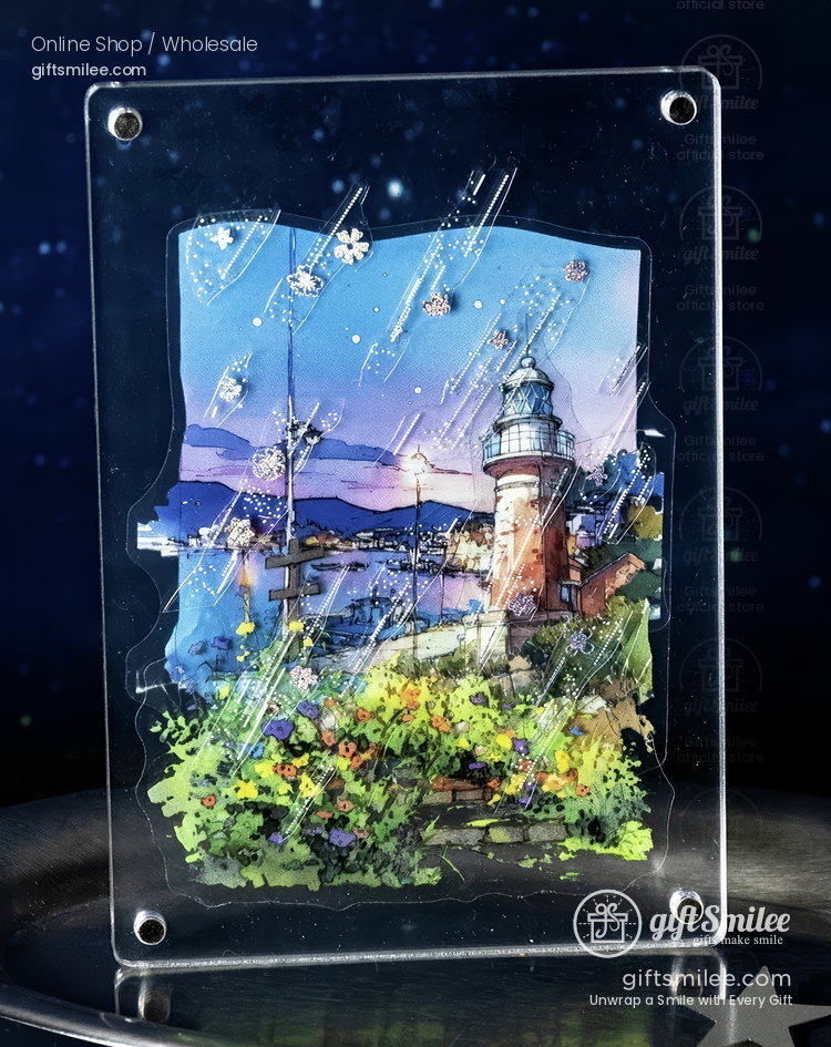 Acrylic art panel with a colorful lighthouse scene vibrant floral foreground and a starry night sky backdrop