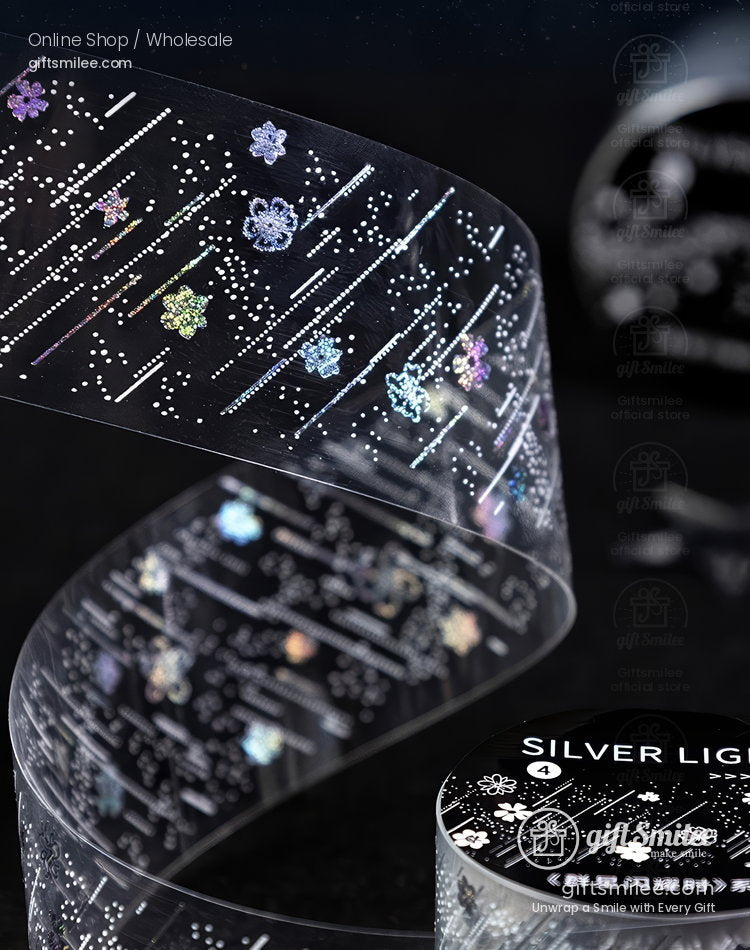 Transparent decorative tape with holographic floral and celestial patterns accented by silver and iridescent details