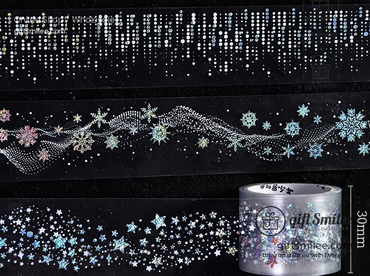 Black washi tape with holographic snowflakes stars and glitter accents 30mm wide for decorative crafts