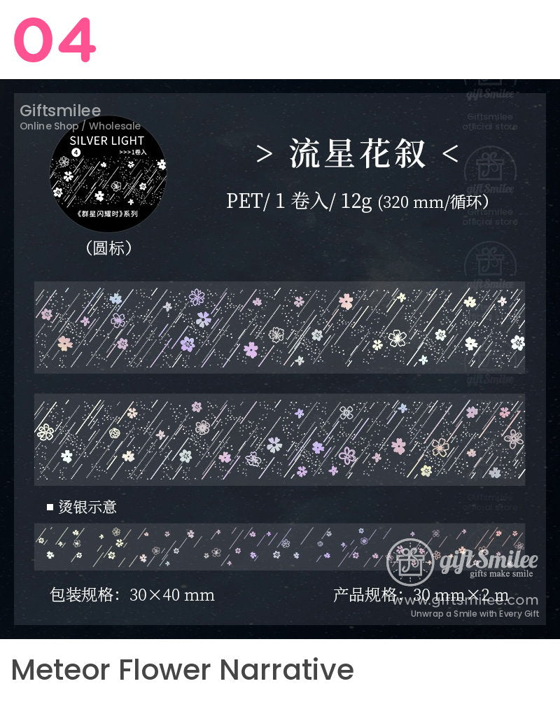 Transparent floral PET tape with silver accents colorful pastel blossoms and 30mm width for decorative crafts