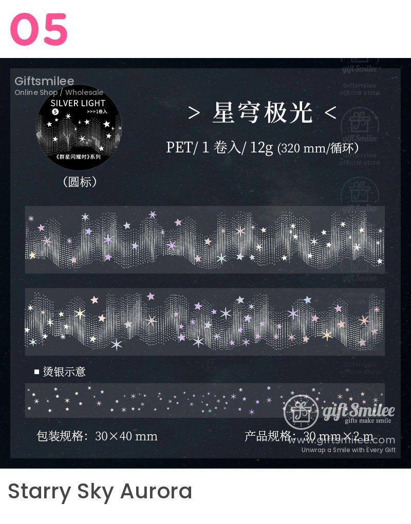 Transparent PET washi tape with silver and pastel star patterns holographic accents and a 30mm width