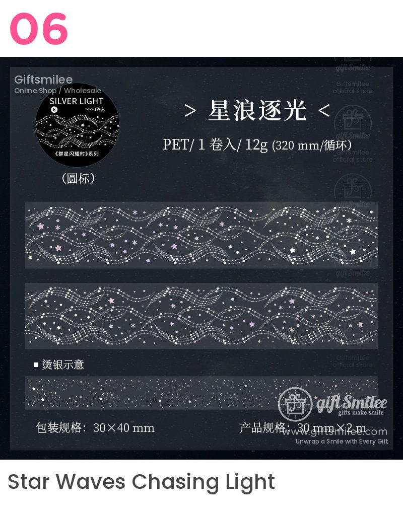 Transparent PET tape with silver glittering wave patterns pastel stars and dots on a dark background 30mm width