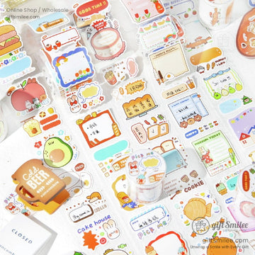Colorful kawaii sticker set with food animals and cartoon designs featuring pastel tones and playful illustrations