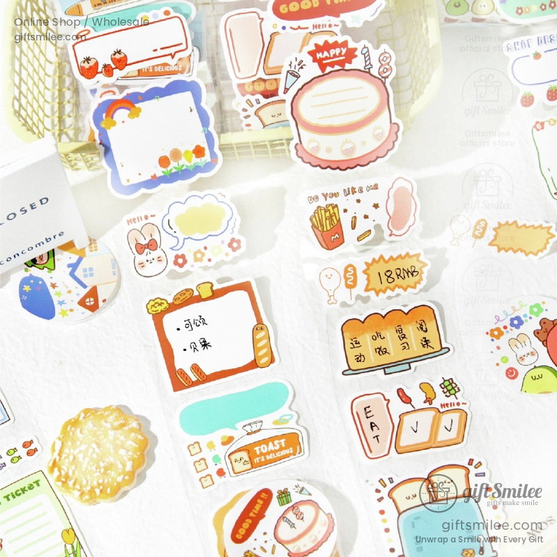 Assorted colorful stickers with playful food designs cartoon characters and decorative frames in a whimsical style