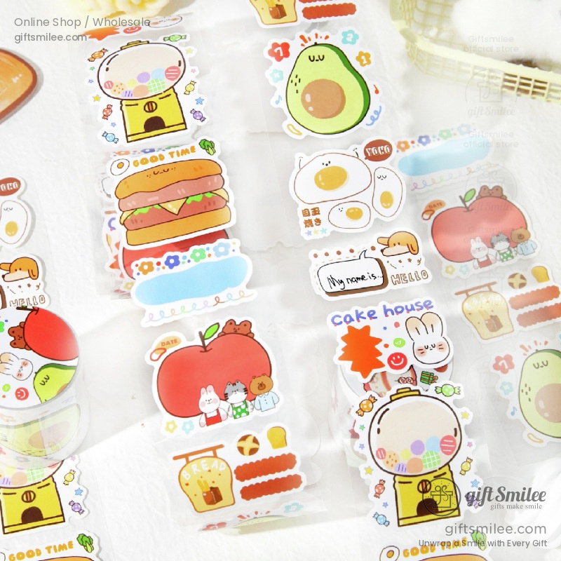 Assorted colorful cartoon stickers featuring a kawaii avocado burger apple gumball machine and playful animal designs
