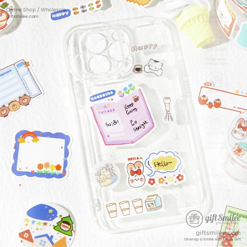 Transparent phone case with colorful cartoon stickers including animals notes flowers and playful designs