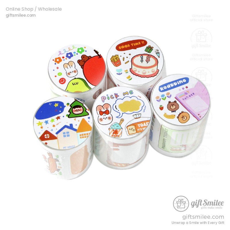 Colorful washi tape rolls with playful cartoon designs including animals cakes houses and stars in vibrant tones