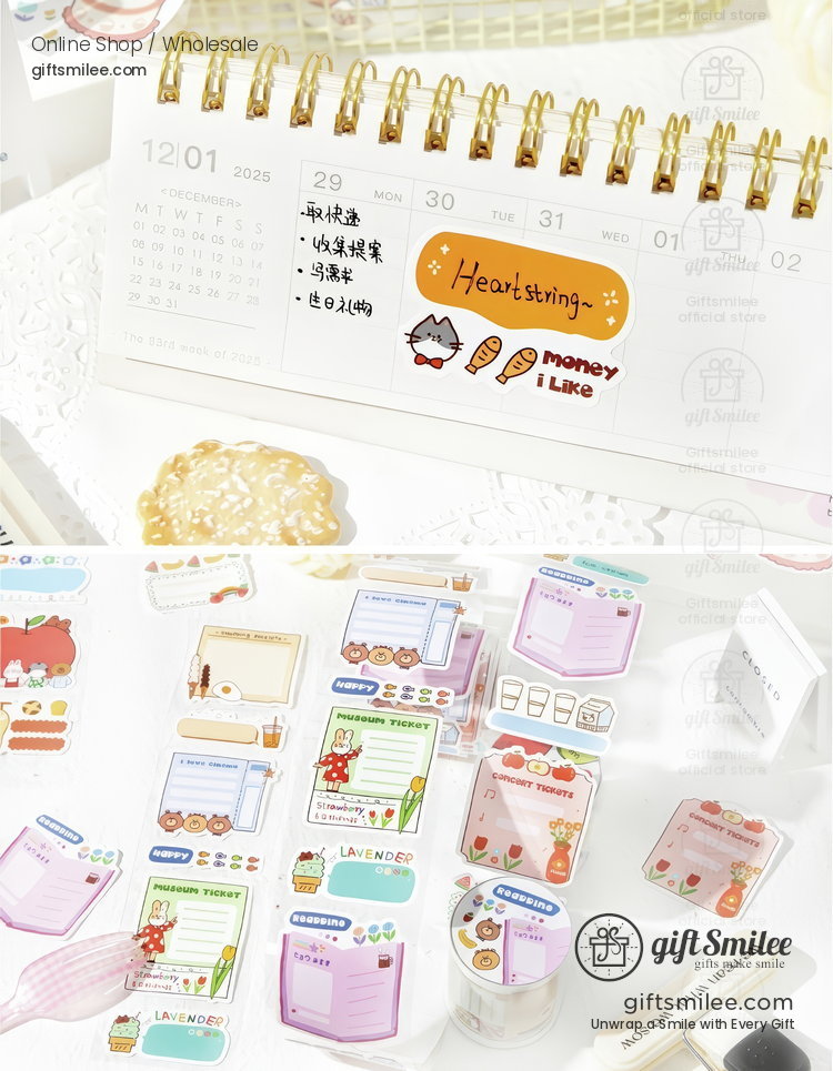White spiralbound desk calendar with gold rings illustrated stickers pastel memo designs and decorative washi tape