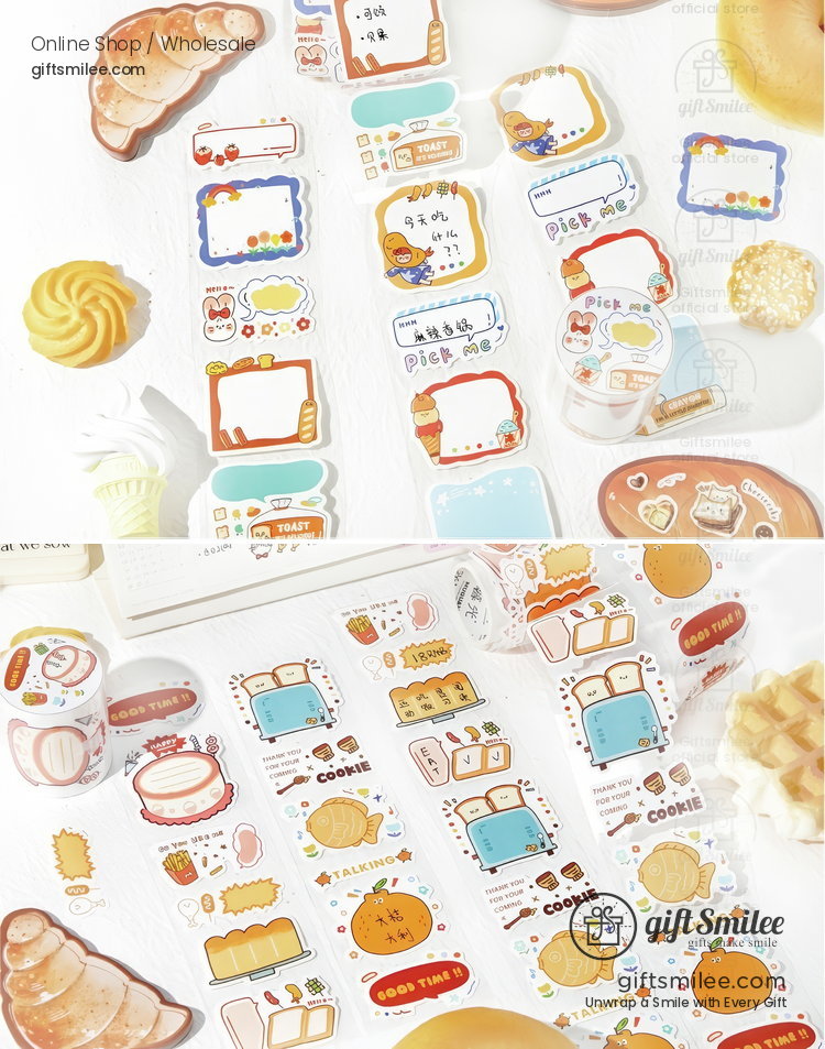 Cute bakerythemed sticker set with pastel frames bread designs pastry motifs and colorful decorative accents