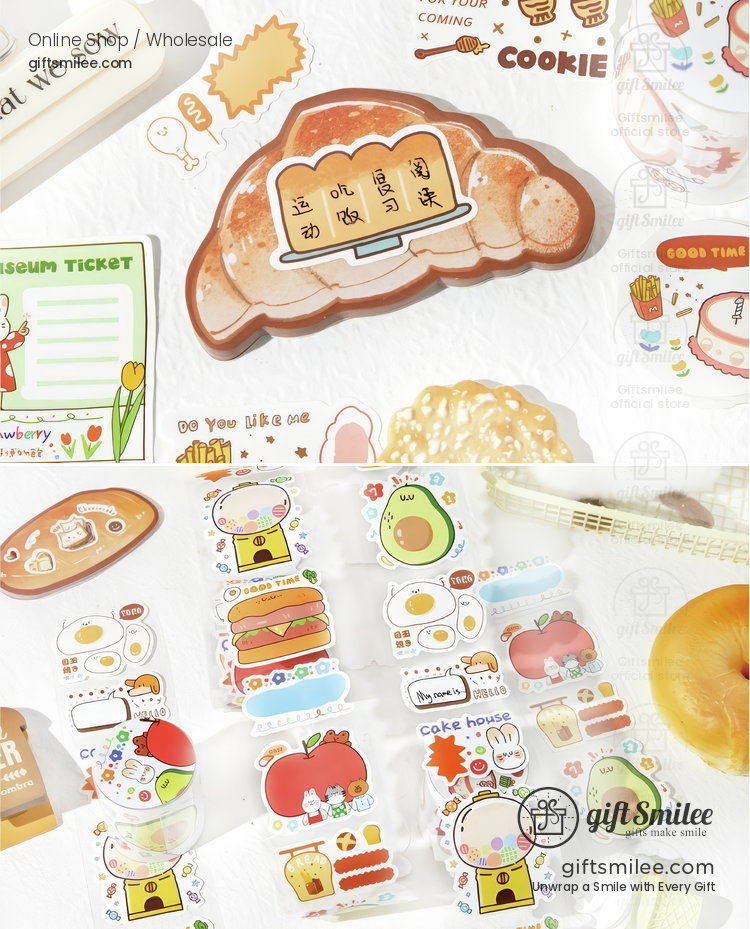Cute bakerythemed sticker set with croissant avocado eggs and toast designs in warm pastel tones on a white background