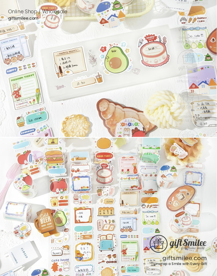 Colorful matte stickers with cute food drink and calendar designs perfect for planners journals and crafts