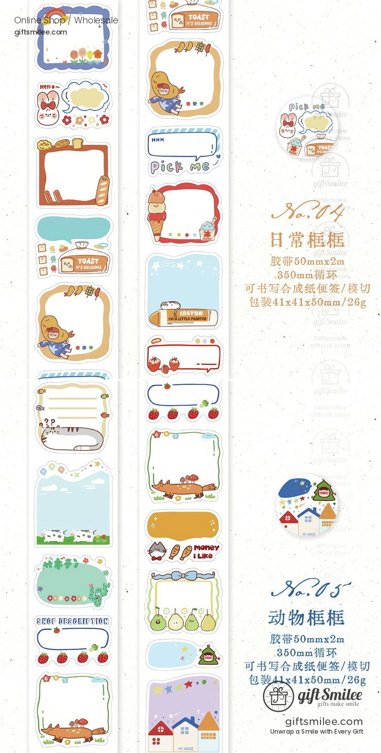 Cute cartoon sticker set with animal and foodthemed designs pastel frames and colorful decorative accents