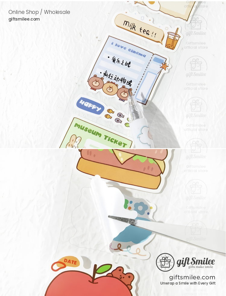 Transparent decorative stickers with colorful cartoon designs including bears food and text details on glossy material