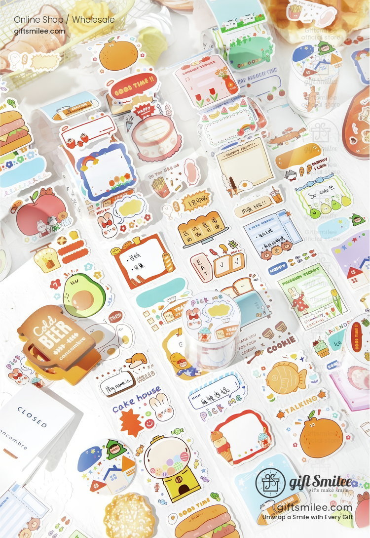 Assorted colorful cartoon stickers with bakery food and memo motifs featuring playful designs and pastel tones