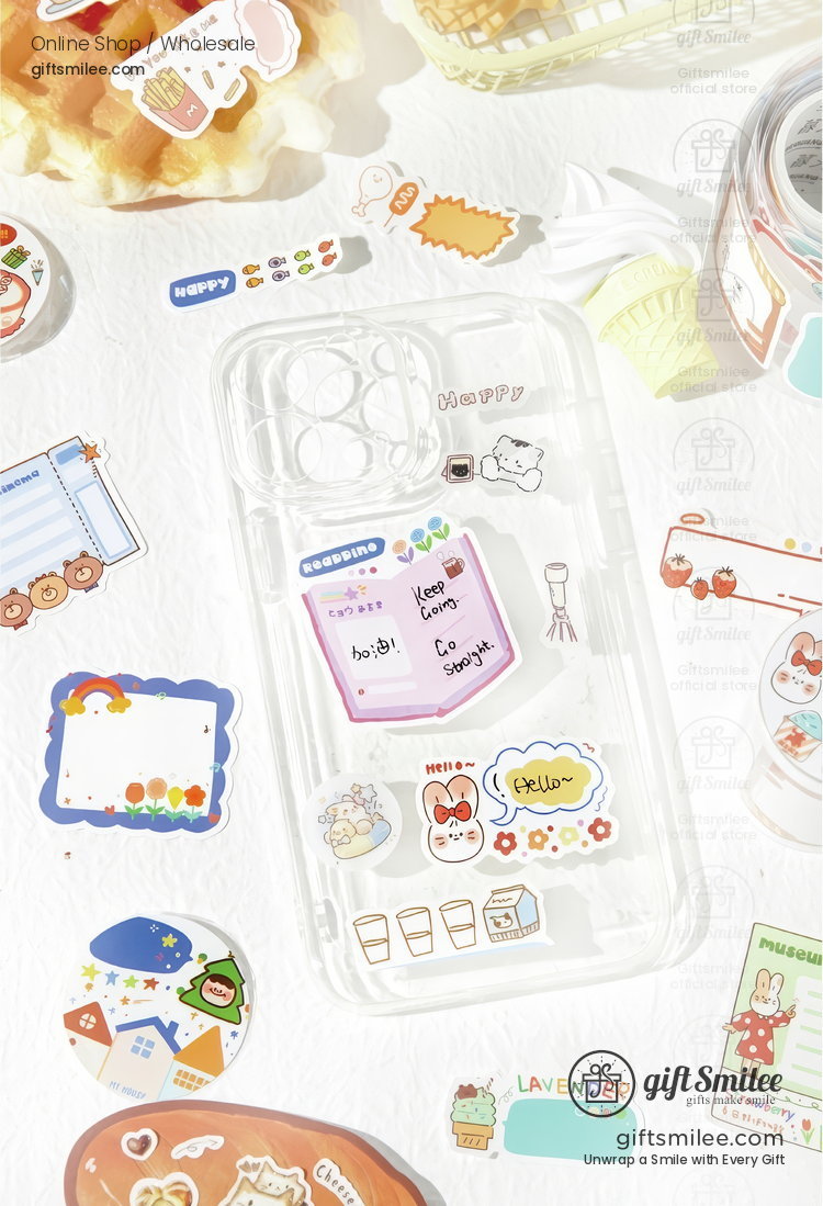 Transparent phone case decorated with colorful cartoon stickers including animals speech bubbles and food icons