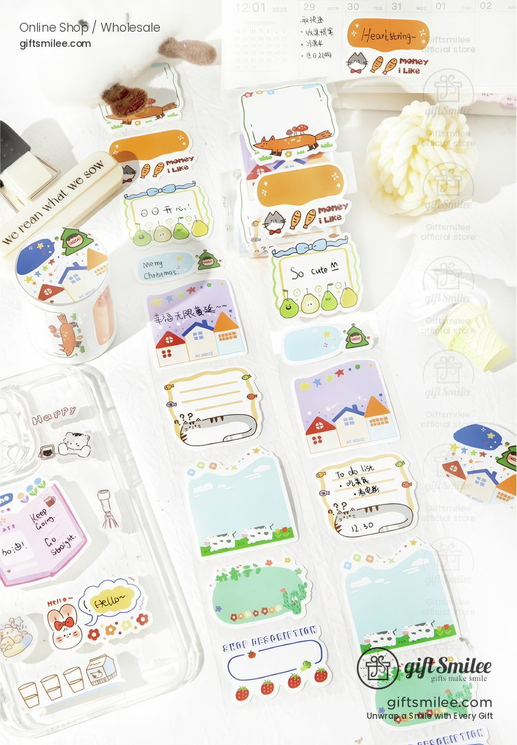 Cute pastel sticker set with houses animals and naturethemed designs including memo labels and decorative accents