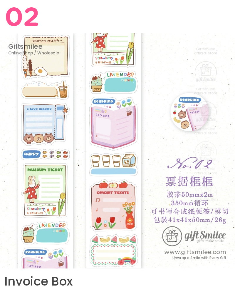 Colorful sticker set with pastel designs featuring receipt ticket and memo themes decorated with fruits flowers and cute illustrations