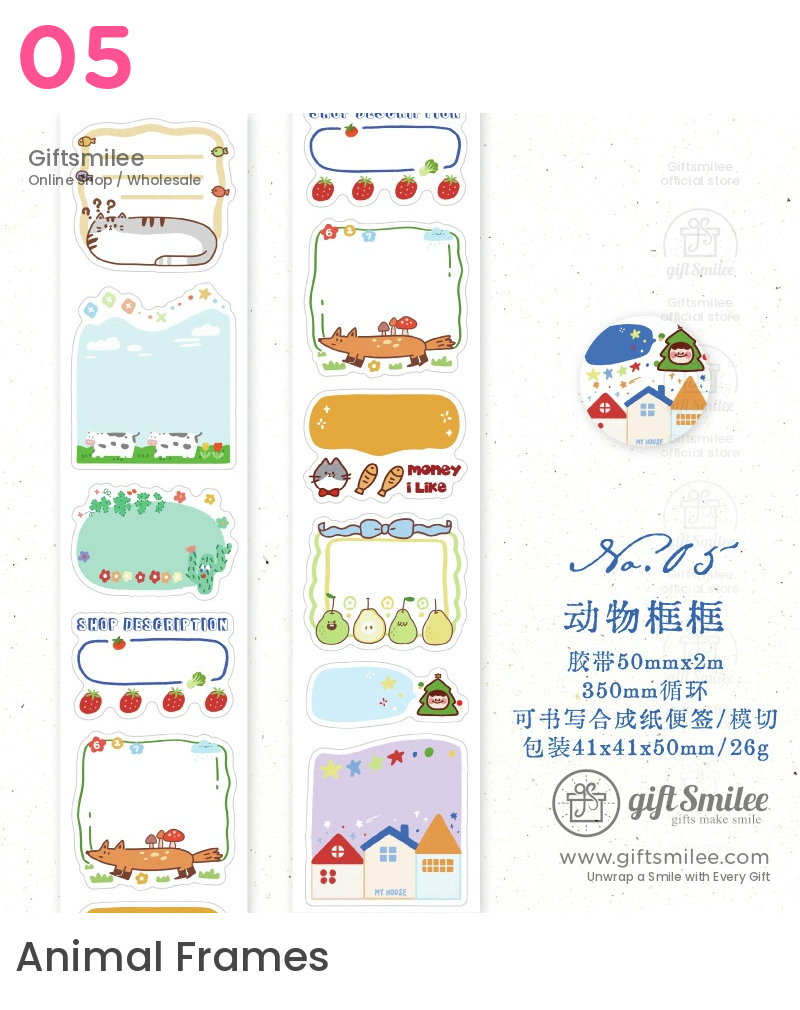 Cute animalthemed sticker set with colorful frames featuring cows foxes fruits and houses in soft pastel tones