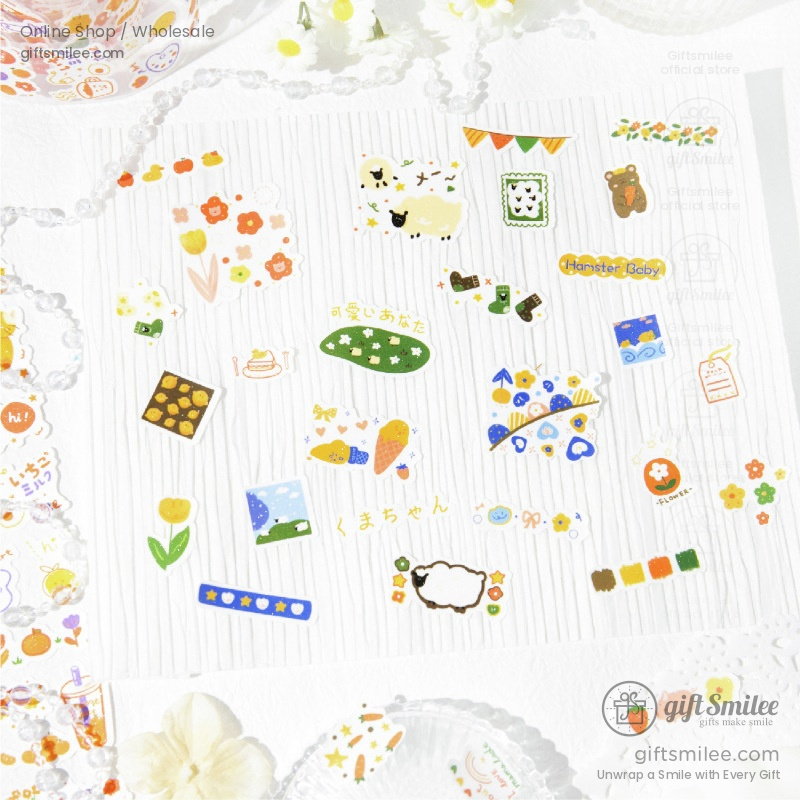 Whimsical animal and naturethemed stickers with vibrant colors on a striped white background including sheep flowers and patterns