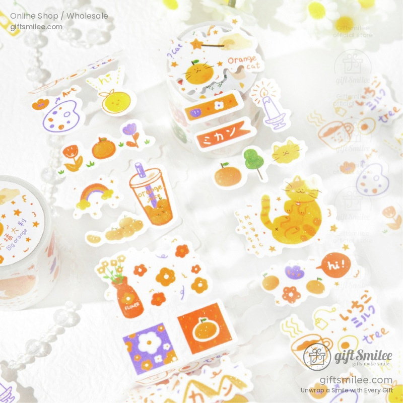 Cute orangethemed stickers with illustrations of cats fruits drinks flowers and playful designs on white