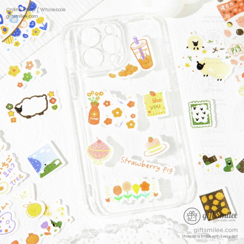 Transparent phone case with colorful illustrations of flowers sheep drinks desserts and playful text accents