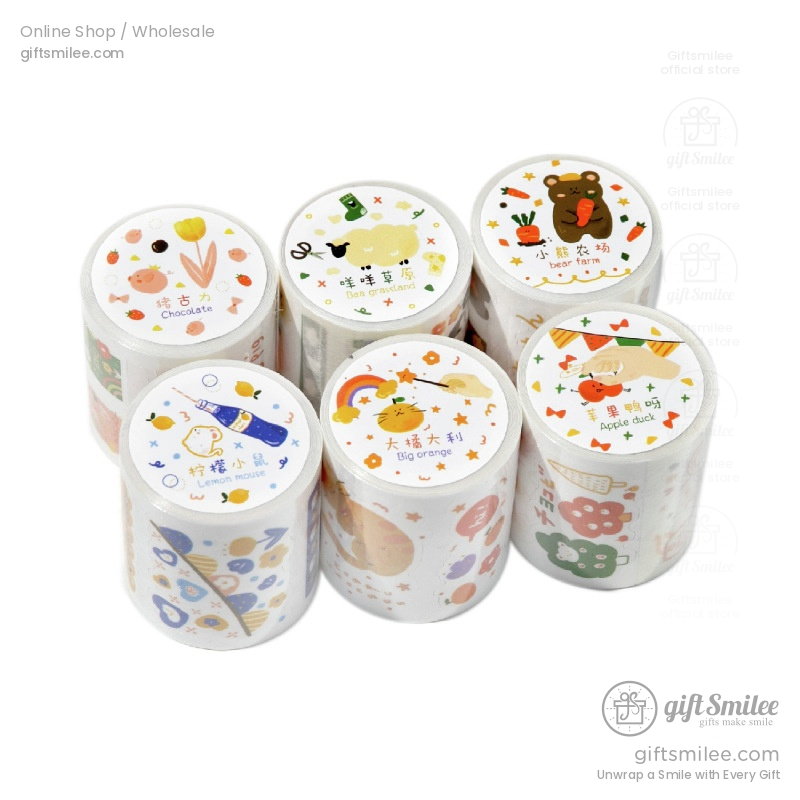 Colorful washi tape rolls featuring playful animal and fruit illustrations with decorative patterns and vibrant designs