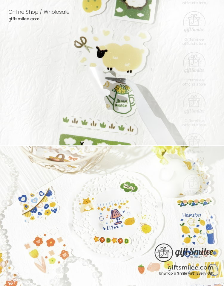 Pasteltoned decorative stickers with sheep flowers and watering can designs ideal for scrapbooking or journaling