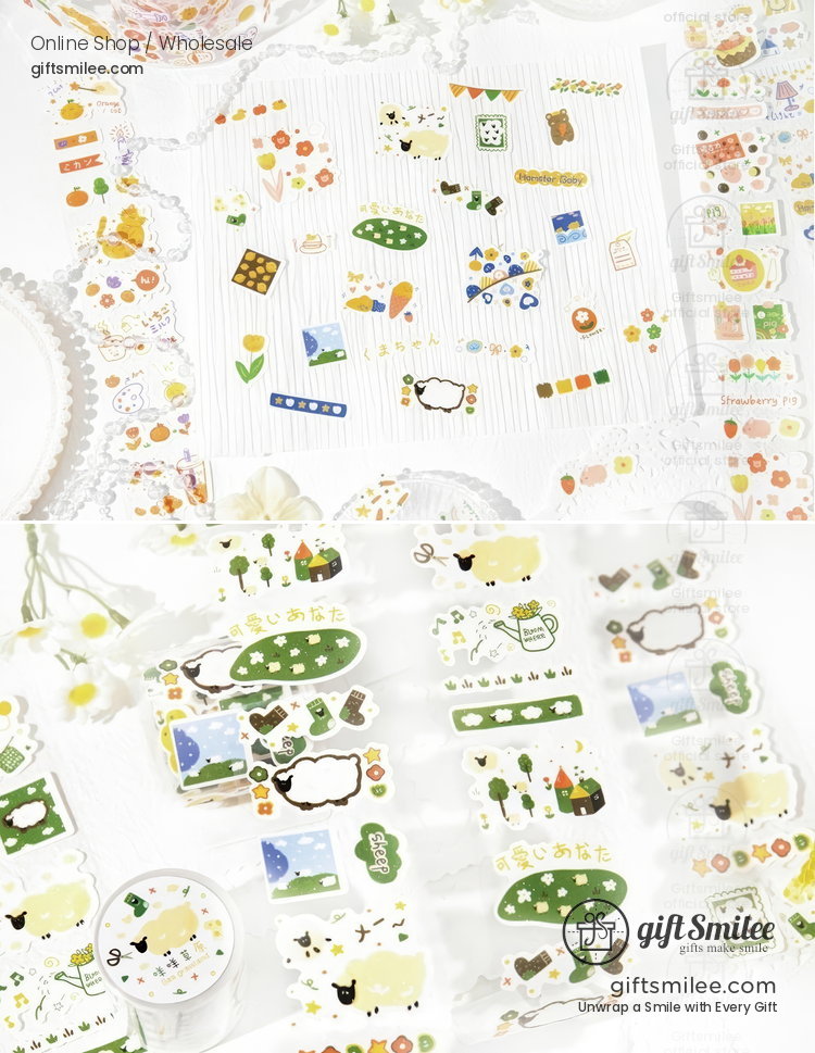 Pasteltoned paper stickers with whimsical sheep greenery desserts and gardenthemed designs on a white background