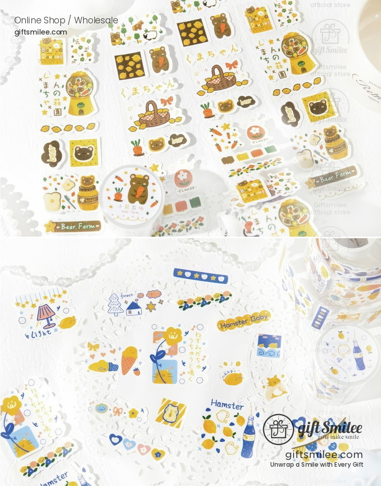 Decorative sticker sheets with bear and hamster themes pastel colors playful farm and cozy home illustrations