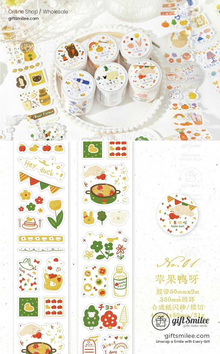 Decorative washi tapes with cute animal and food patterns pastel colors playful designs and vintagestyle illustrations