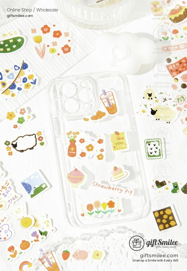 Clear phone case with colorful food and floralthemed stickers including Strawberry Pig text and playful icons