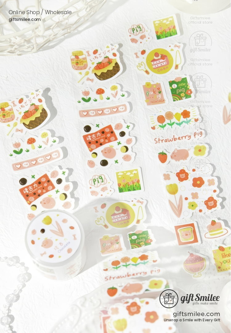 Pastelthemed strawberry pig stickers with flower cupcake and fruit designs on white diecut paper sheets