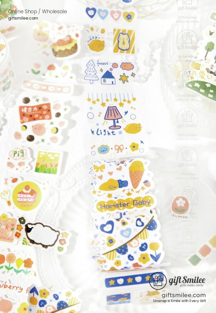 Colorful decorative stickers with whimsical designs including animals fruits hearts and playful text on white backing
