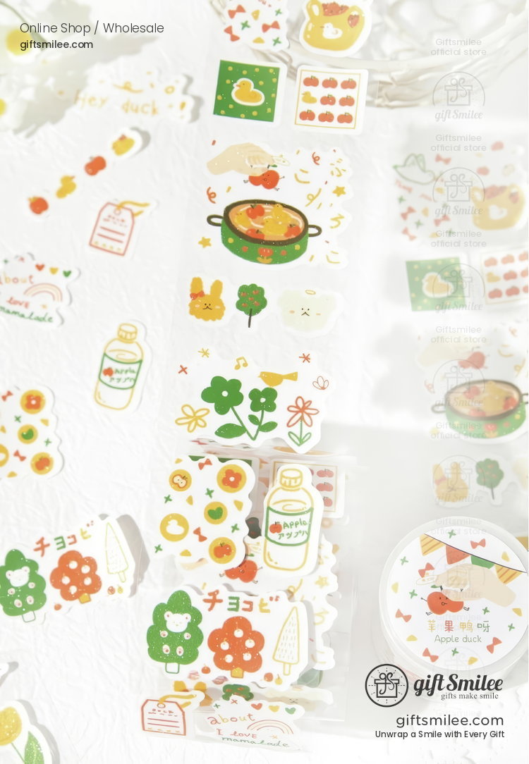 Whimsical sticker set with colorful floral patterns illustrated animals soup bowls and applethemed designs on white paper
