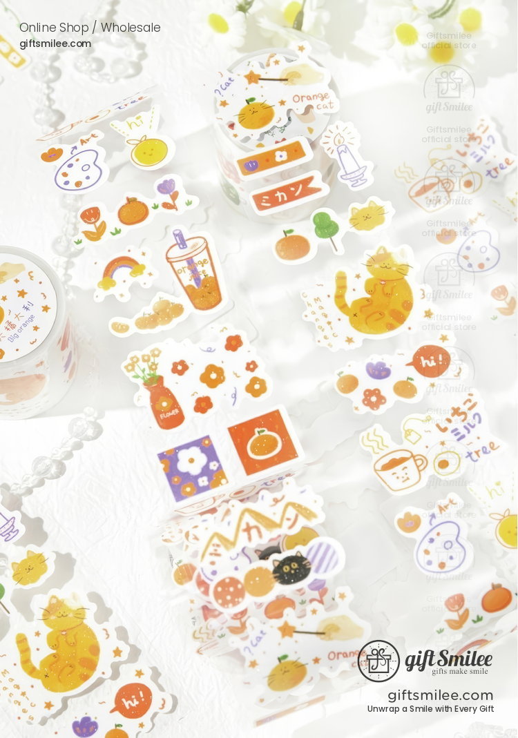 Bright orangethemed cat stickers with fruits coffee cups and floral motifs on glossy white sticker rolls