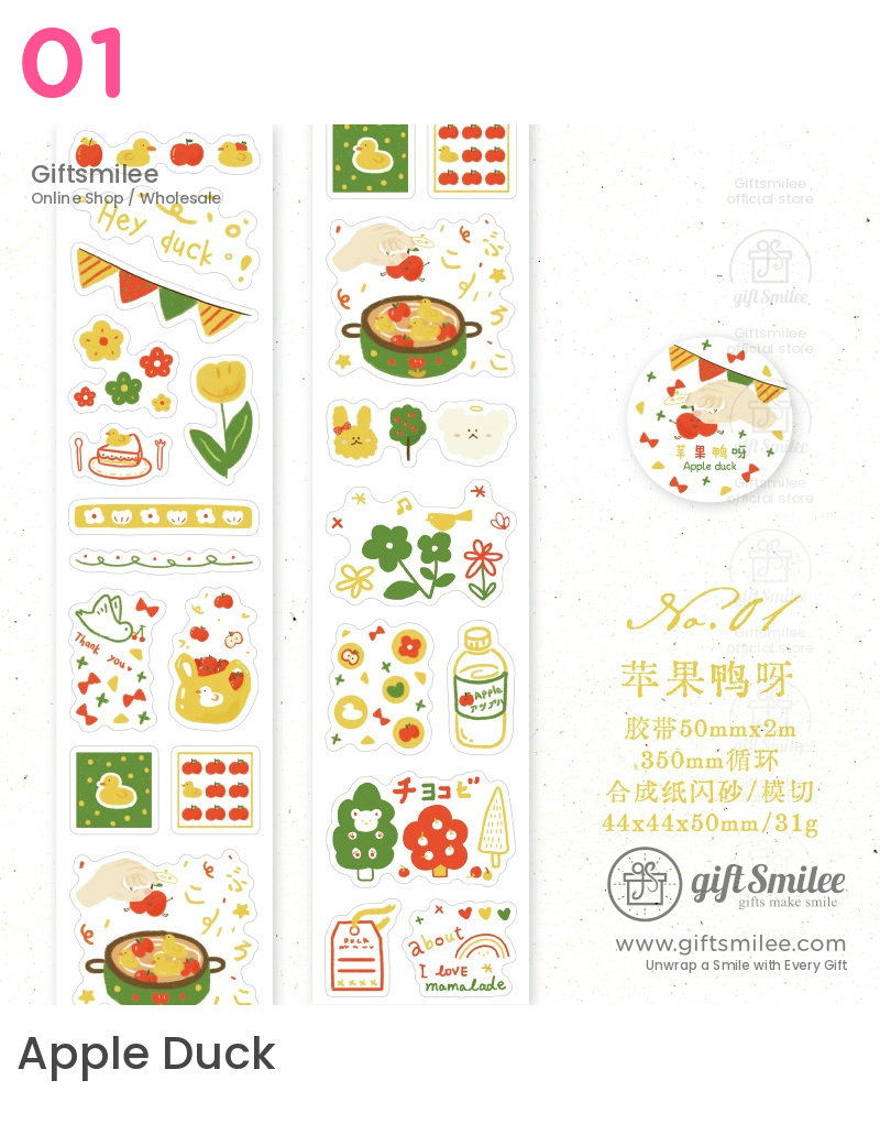 Playful decorative stickers with ducks apples flowers and cooking motifs in green red and yellow tones