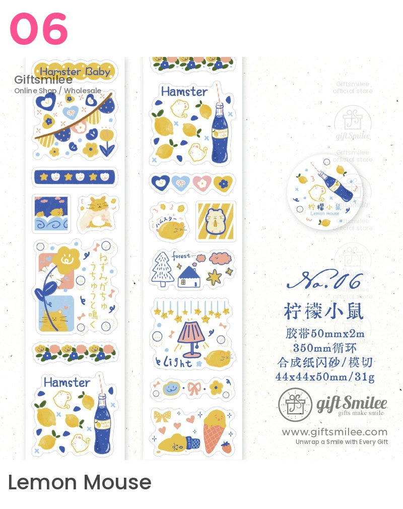 Cute hamsterthemed stickers with yellow and blue designs featuring lemons flowers soda bottle and playful illustrations