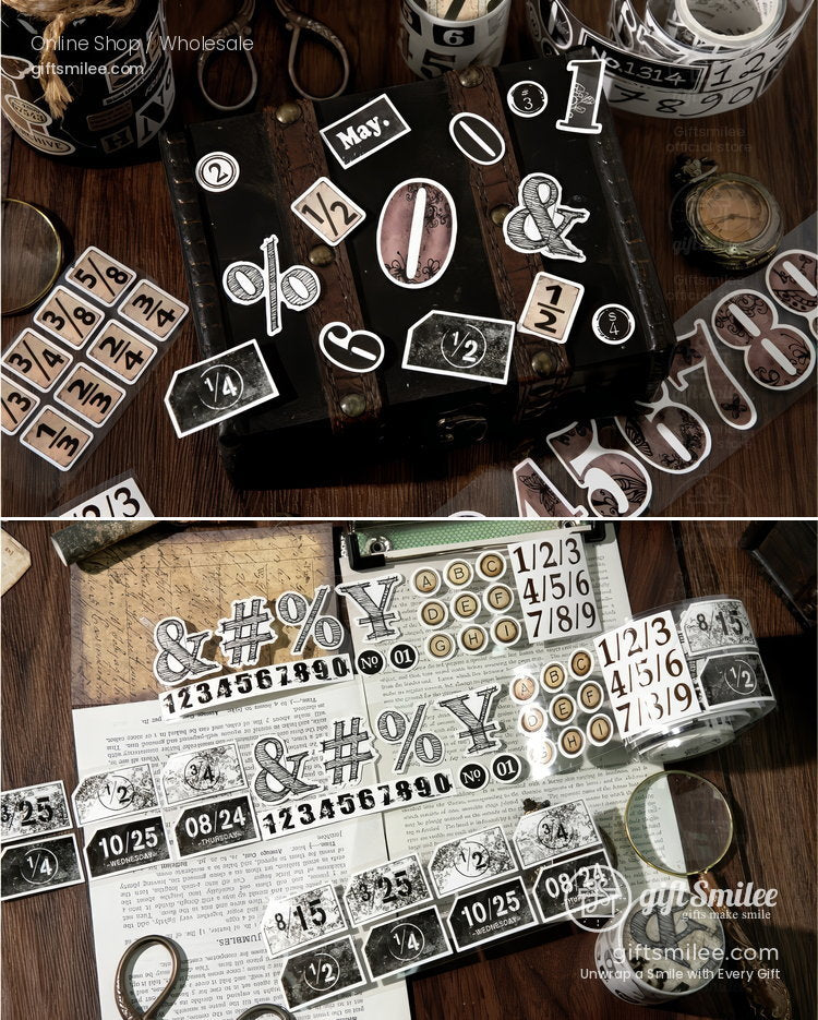 Vintagestyle black and white sticker set with numbers symbols dates and decorative typography on a wooden table